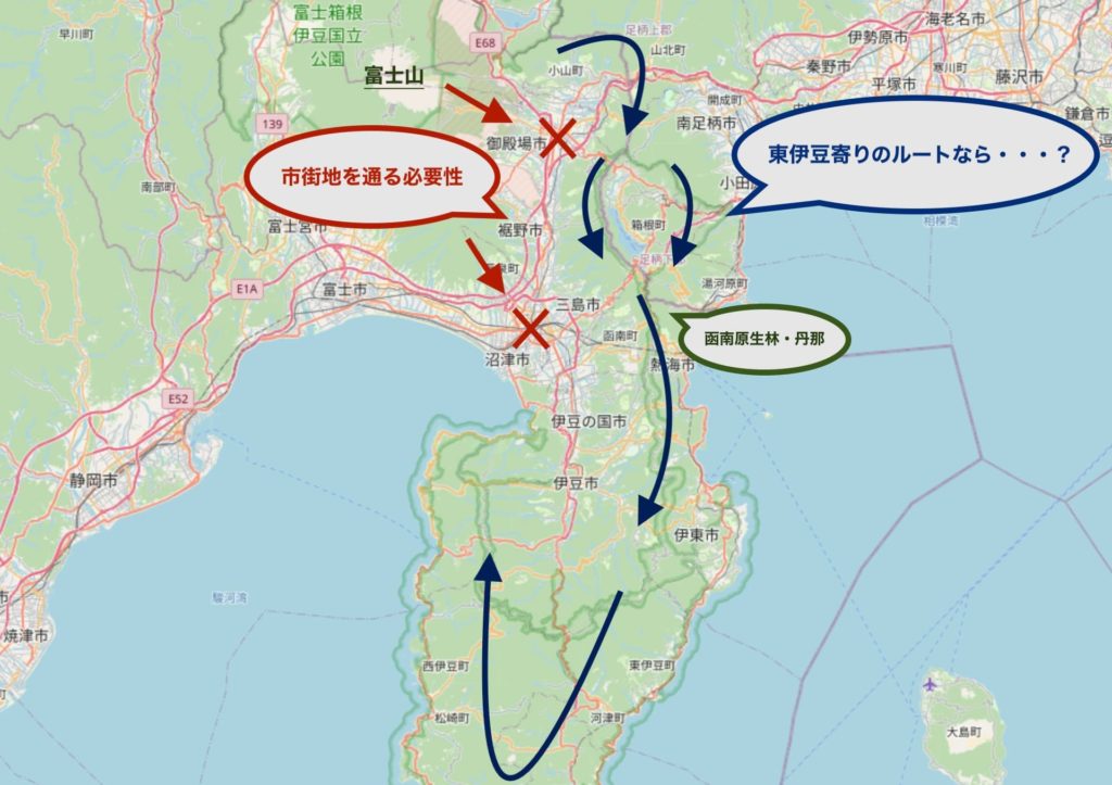 熊が伊豆方向に移動するルートを示す地図画像
