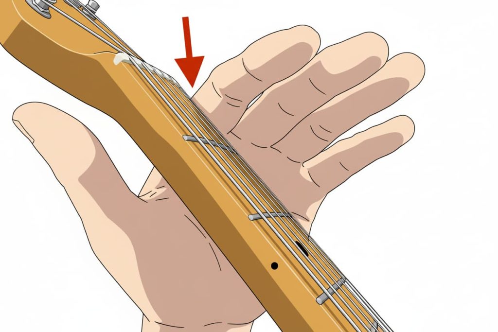 GeminiNanoBananaでAI加工した「左手の指とネックの支点」を説明する画像