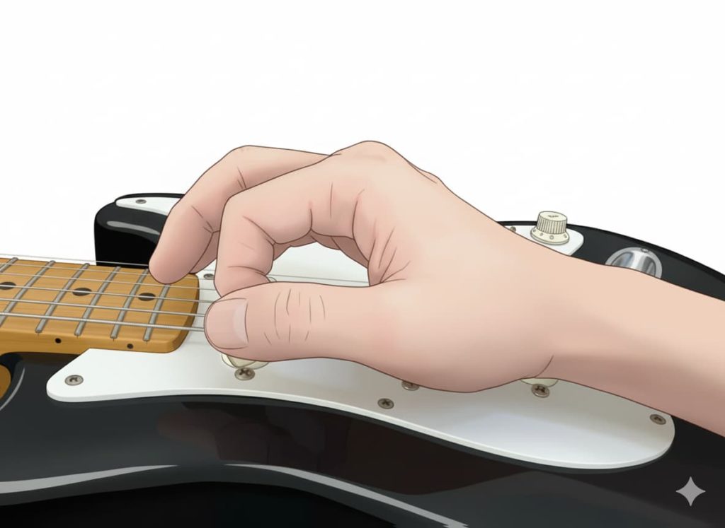 GeminiNanoBananaでAI加工した「エルボーピッキングを振りかぶっている」画像