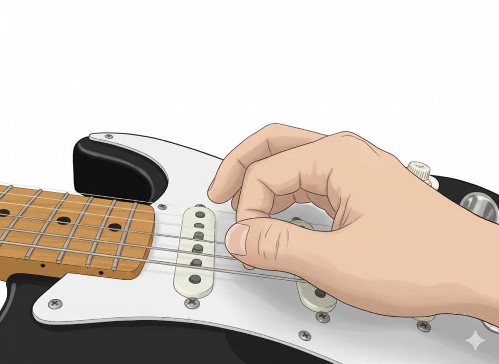 GeminiNanoBananaでAI加工した「屈伸ピッキングで弾いている」画像