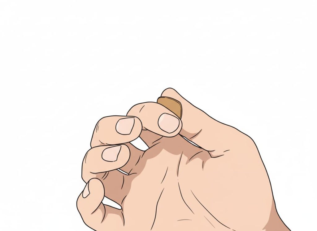 GeminiNanoBananaでAI加工した「ピックを人差し指と親指で挟んだ裏側（手のひら側）」画像