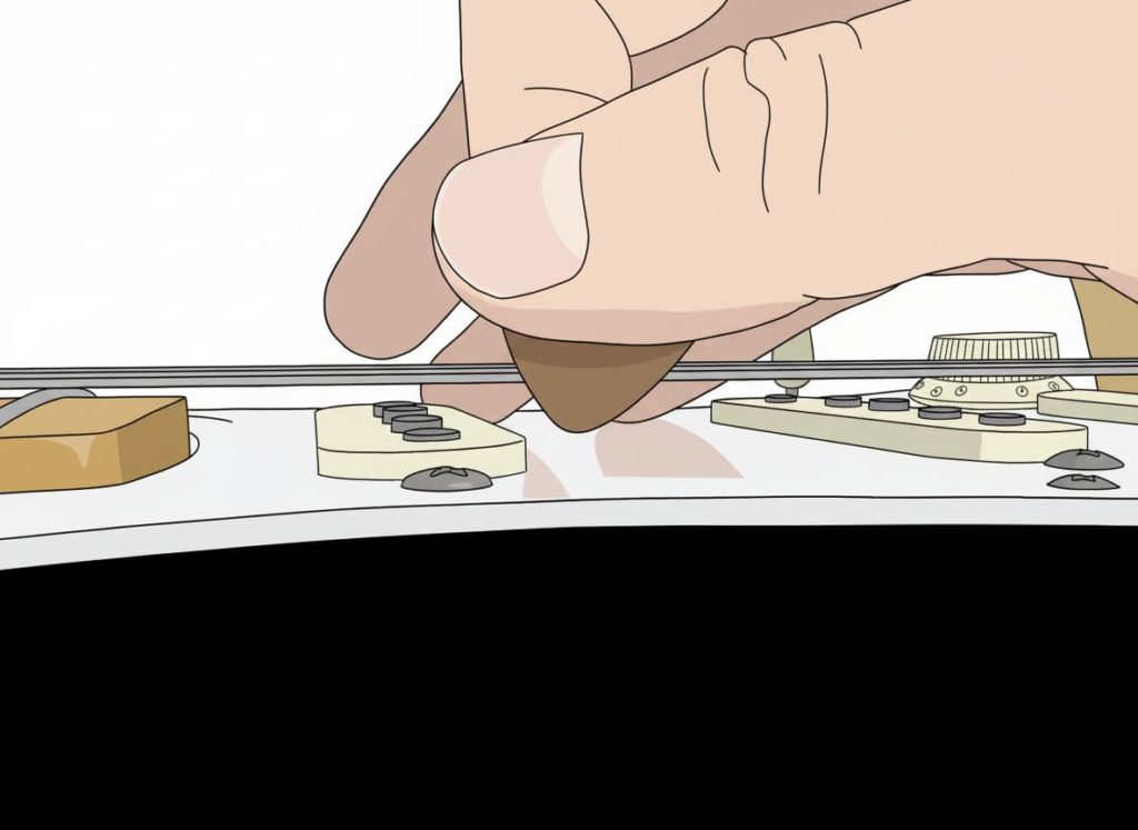 GeminiNanoBananaでAI加工した「ピックを弦に平行に当てた」画像