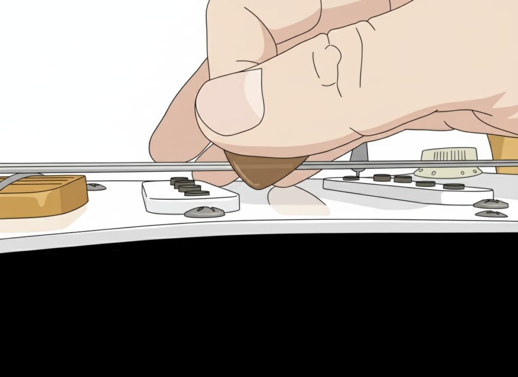 GeminiNanoBananaでAI加工した「弦に負けるピッキング（平行ピッキング）のピックが傾く」画像