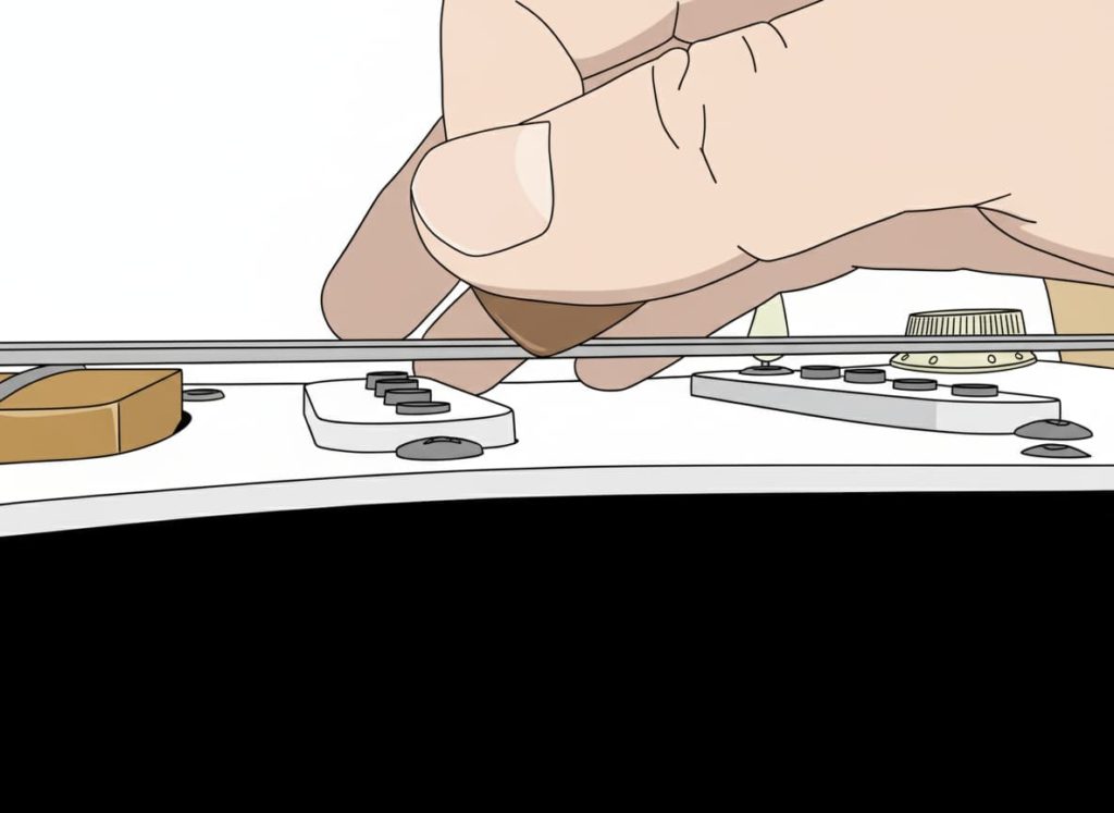 GeminiNanoBananaでAI加工した「弦に負けるピッキング（平行ピッキング）の手首が先行してダウンすることでピックがたわむ」画像