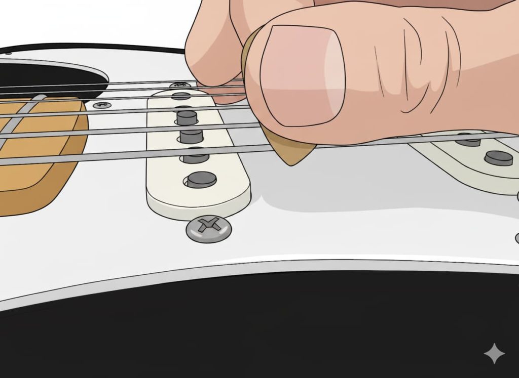 GeminiNanoBananaでAI加工した「ピックを弦に逆方向に当てた」画像