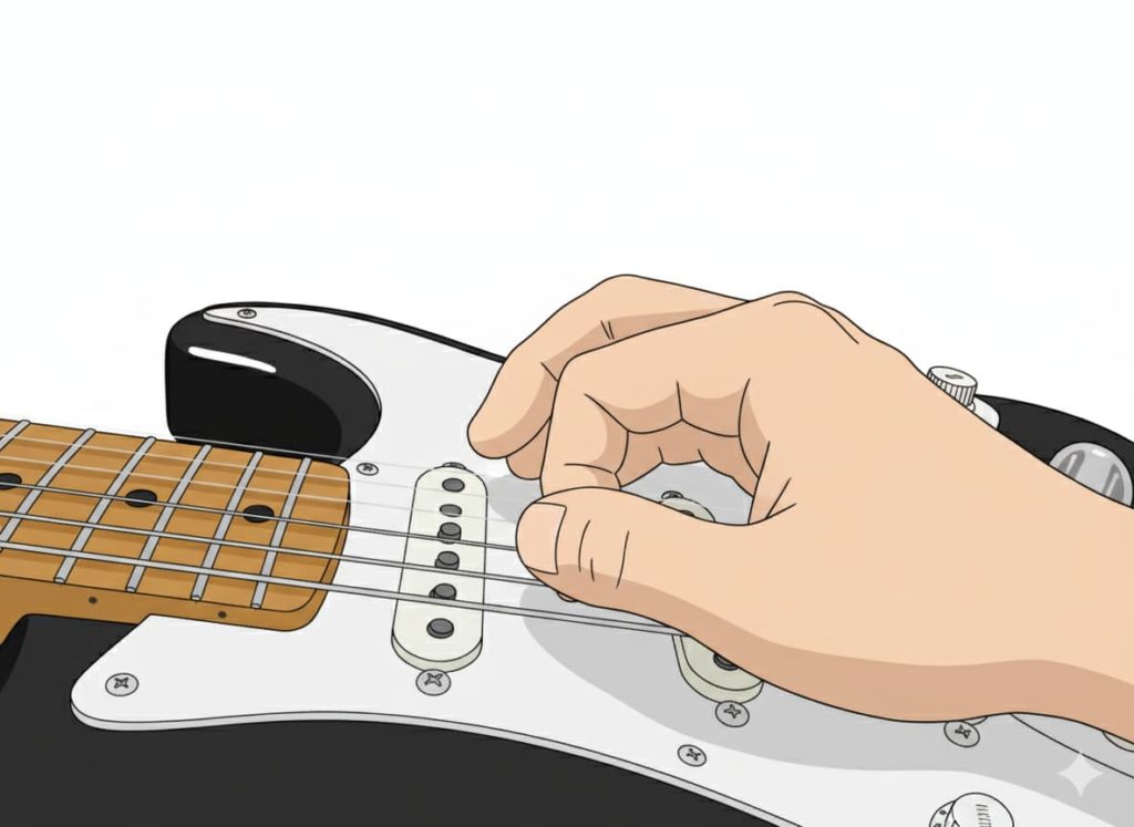 GeminiNanoBananaでAI加工した「スナップピッキングで弾いている」画像