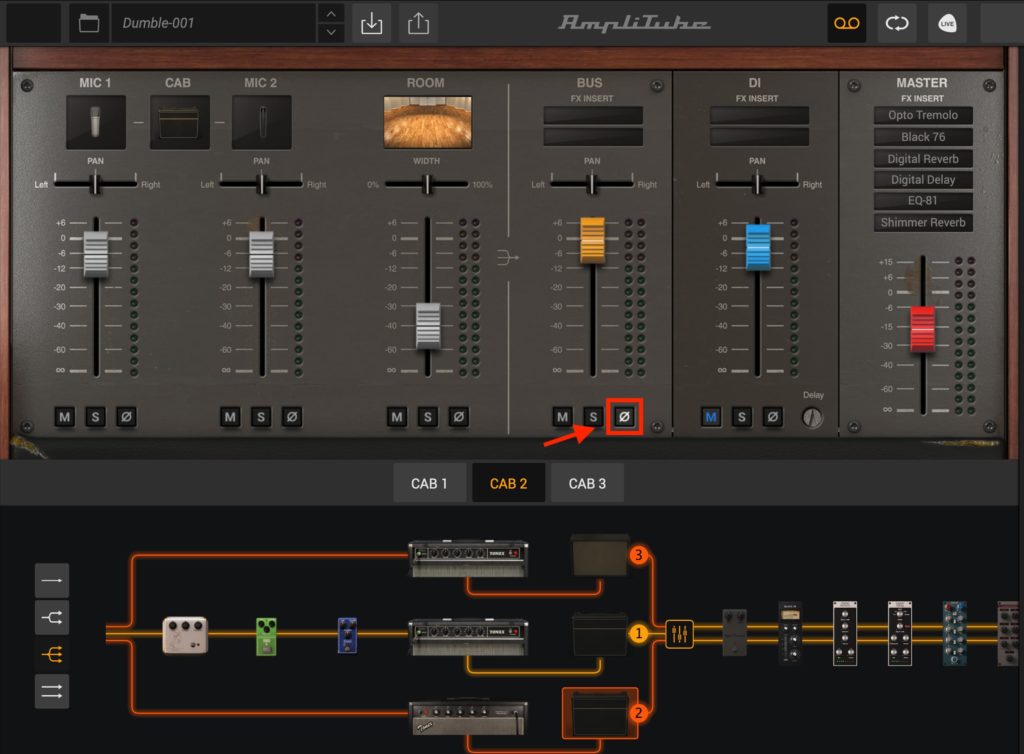 AmpliTube5のミキサー(位相)設定画面